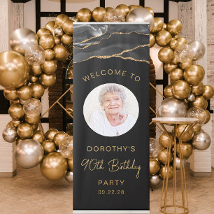 Custom Photo 90th Birthday Black Gold Agate Retractable Banner