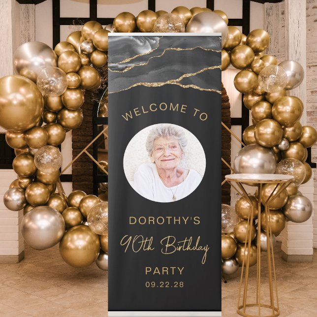 Custom Photo 90th Birthday Black Gold Agate Retractable Banner (Creator Uploaded)