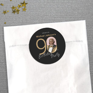 Custom Photo 90th Birthday Black Gold Elegant Classic Round Sticker