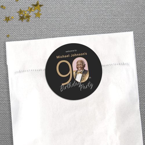 Custom Photo 90th Birthday Black Gold Elegant  Classic Round Sticker