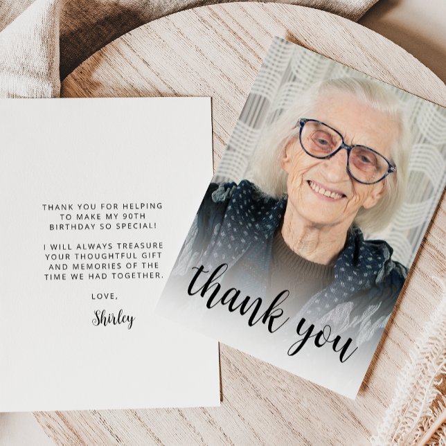 Custom Photo 90th Birthday Party Black Script Thank You Card (Creator Uploaded)