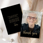 Custom Photo 90th Birthday Party Thank You Card<br><div class="desc">The front of this 90th birthday invitation features the guest of honor's photo with the words "thank you" in elegant gold-colored calligraphy script overlay. A dark screen helps make the text pop. Customize the reverse side with your personal message in gold-colored sans serif font and your name in script on...</div>