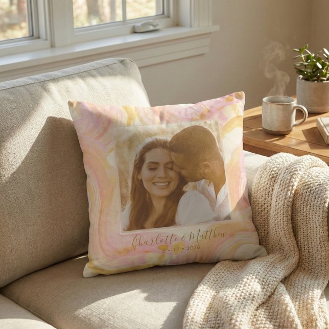 Custom Photo Abstract Pink Swirl Trendy Newlywed Throw Pillow (Creator Uploaded)