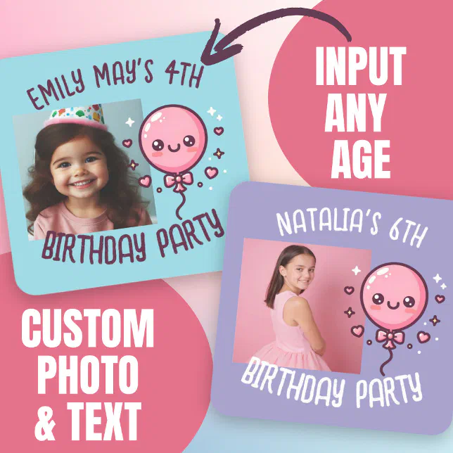Custom Photo Add Name Cute Birthday Balloon Square Sticker | Zazzle