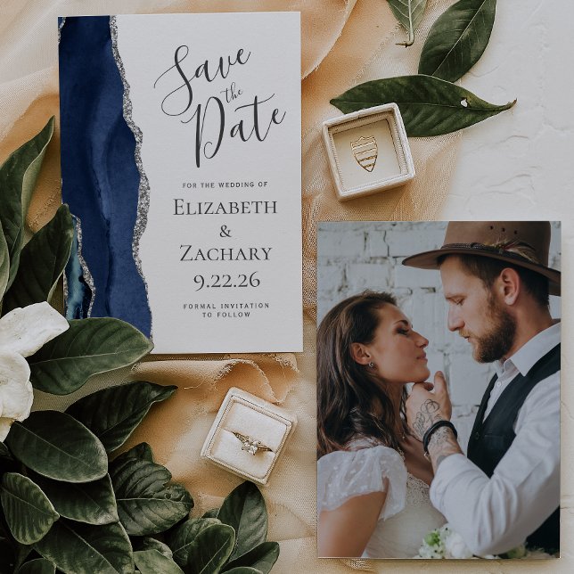 Custom Photo Agate Blue Silver Save the Date Card (Creator Uploaded)