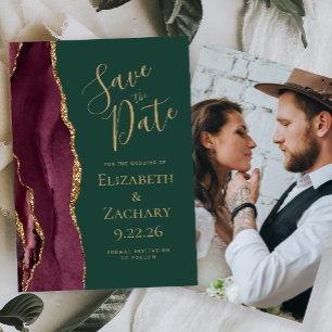 Custom Photo Agate Burgundy Green Save the Date Invitation