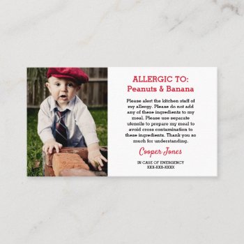 Custom Photo Allergy Alert Restaurant Emergency Calling Card by LilAllergyAdvocates at Zazzle