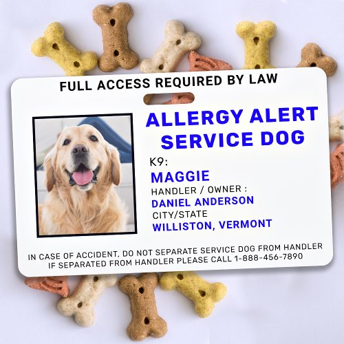 Custom Photo Allergy Alert Service Dog ID Badge