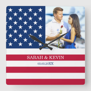 Custom Photo American Flag Square Wall Clock