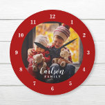 Custom Photo and Family Name Personalized Large Clock<br><div class="desc">Create a special one of a kind round or square wall clock personalized with your photo and family name monogram. The design features simple modern red and white colors, or use the design tools to choose any fonts and colors to match your own home decor style. A custom clock is...</div>