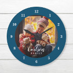 Custom Photo and Family Name Personalized Large Clock<br><div class="desc">Create a special one of a kind round or square wall clock personalized with your photo and family name monogram. The design features simple modern navy blue and white colors, or use the design tools to choose any fonts and colors to match your own home decor style. A custom clock...</div>