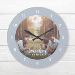 Custom Photo and Family Name Personalized Large Clock<br><div class="desc">Create a special one of a kind round or square wall clock personalized with your photo and family name monogram. The design features simple modern black and white fonts, or use the design tools to choose any fonts and colors to match your own home decor style. A custom clock is...</div>