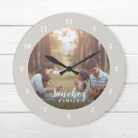 Custom Photo and Family Name Personalized Large Clock<br><div class="desc">Create a special one of a kind round or square wall clock personalized with your photo and family name monogram. The design features simple modern black and white fonts, or use the design tools to choose any fonts and colors to match your own home decor style. A custom clock is...</div>