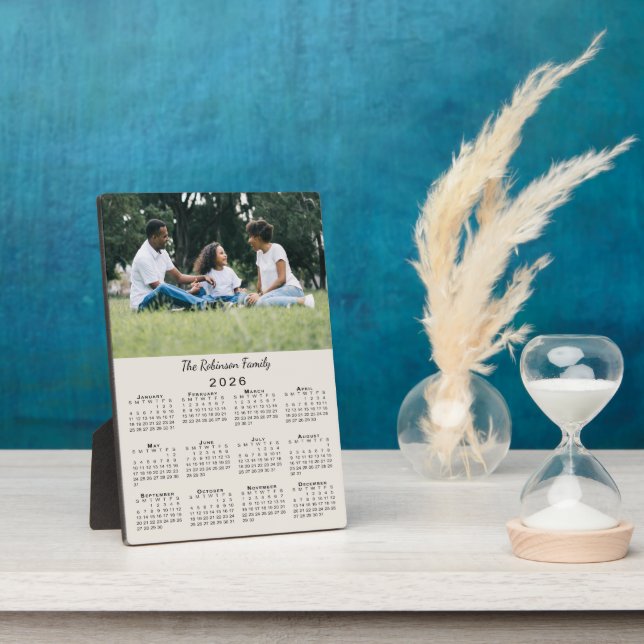 Custom Photo and Name 2026 Calendar Beige Desktop Plaque (Side)