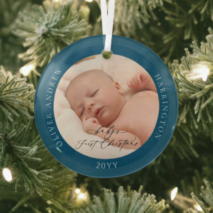 Custom Photo and Name Baby's First Christmas Blue Glass Ornament