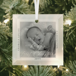 Custom Photo and Name Baby's First Christmas Glass Ornament