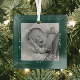 Custom Photo and Name Baby's First Green Christmas Glass Ornament
