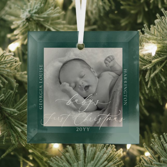 Custom Photo and Name Baby's First Green Christmas Glass Ornament (Insitu)