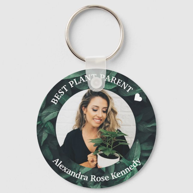 Custom Photo and Name Best Plant Parent Green leaf Keychain (Front)