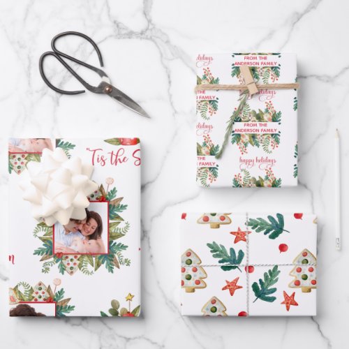 Custom Photo and Name Festive Greenery and Cookies Wrapping Paper Sheets