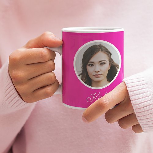 Custom photo and name monogrammed hot pink coffee mug