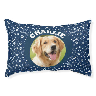 Custom Photo and Name Navy Blue Dog Bed