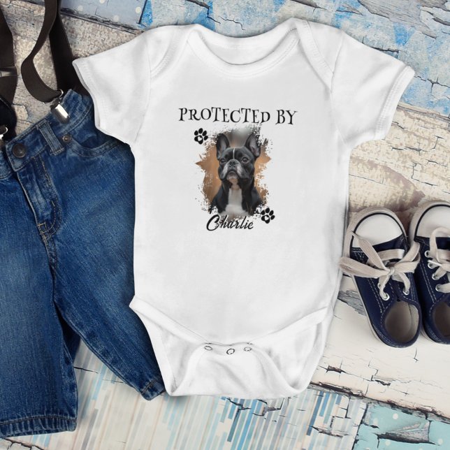 Custom Photo and Name "Protected by [Pet's Name]”  Baby Bodysuit (Creator Uploaded)