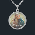 Custom Photo and Name Script Keepsake Sterling Silver Necklace<br><div class="desc">A meaningful sterling silver necklace featuring a custom photo with a personalized name in white script overlay. This sentimental keepsake is perfect for honoring a beloved pet, child, or loved one — wear your favorite memory close to your heart. Upload any photo and customize the name to create a one-of-a-kind...</div>