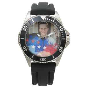 Custom Photo and Name with American Flag Watch
