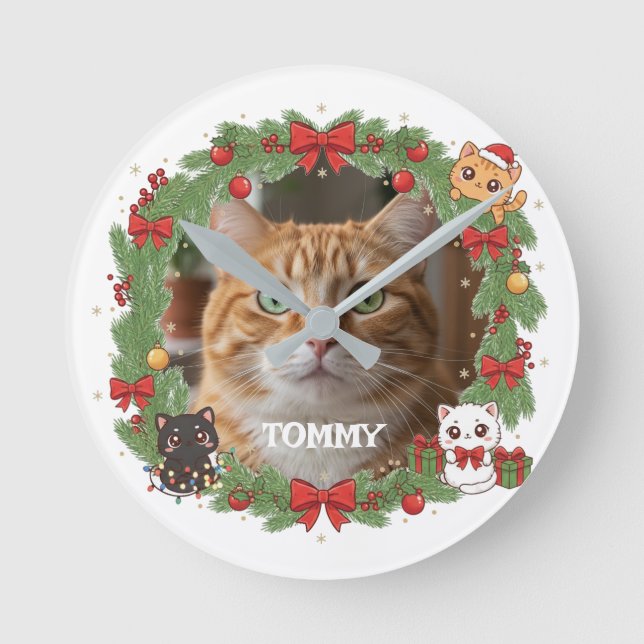 Custom Photo and Pet Name Christmas Round Clock (Front)