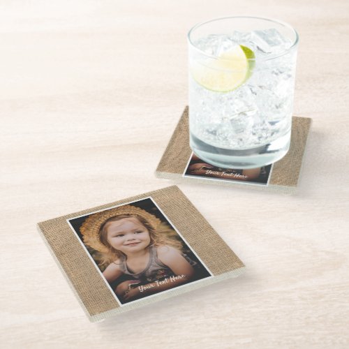 Custom Photo and Text Burlap Glass Coaster