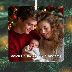 Custom Photo and Text Couple with New Baby Metal Ornament