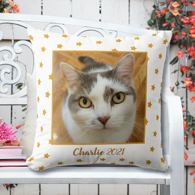 Custom Photo And Text Gold Stars Personalized Throw Pillow (Creator Uploaded)