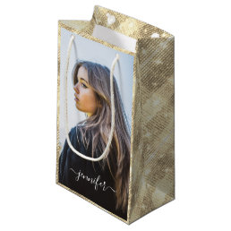 Custom Photo and Text Gold Unique Birthday Small Gift Bag