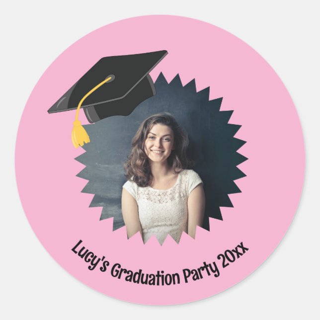 Custom Photo and Text Graduation Cap Classic Round Sticker (Front)