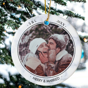 Custom Photo And Text Merry and Married Xmas Ceramic Ornament