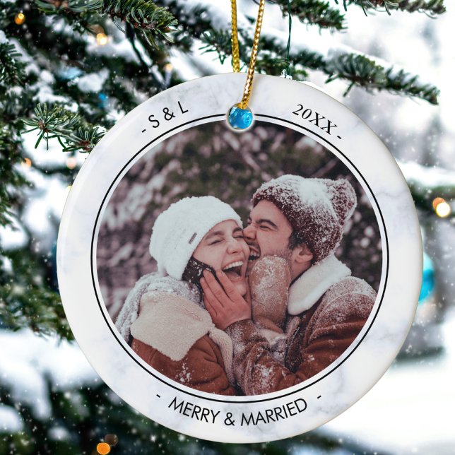 Custom Photo And Text Merry and Married Xmas Ceramic Ornament (Creator Uploaded)