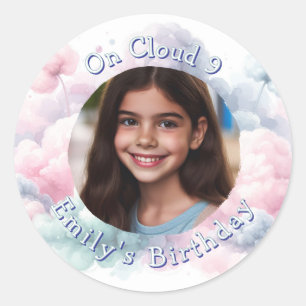 Custom Photo and Text On Cloud 9 Birthday Party Classic Round Sticker