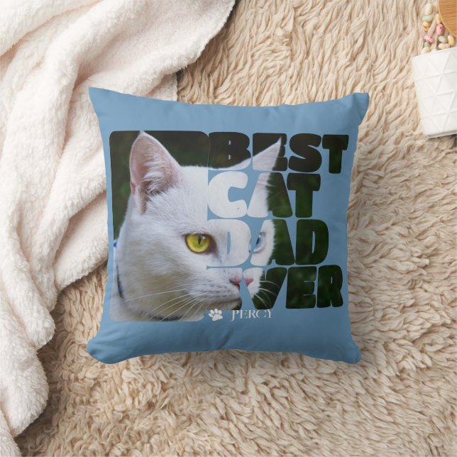 Custom Photo And Text Personalized Best Cat Dad Throw Pillow (Blanket)