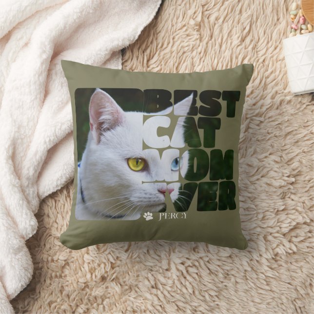 Custom Photo And Text Personalized Best Cat Mom Throw Pillow (Blanket)