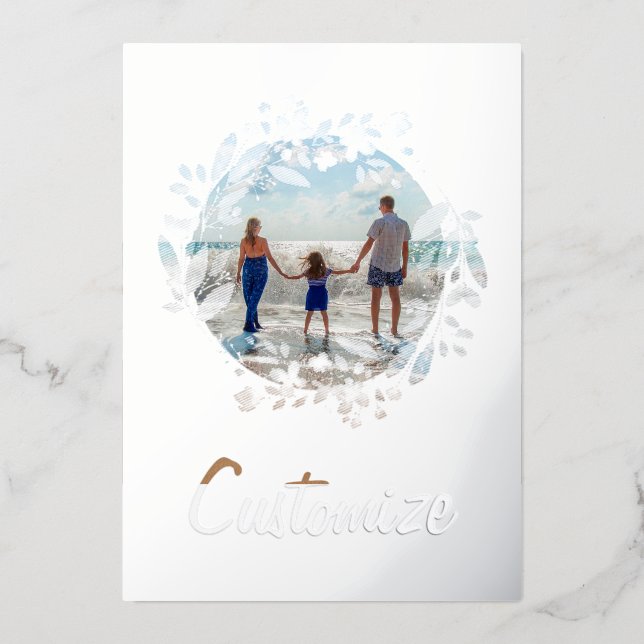 Custom Photo and Text Personalized Floral Border Foil Holiday Card (Front)