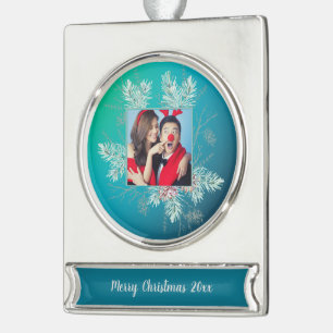 Custom Photo and Text Pinecone Evergreen Frame Silver Plated Banner Ornament