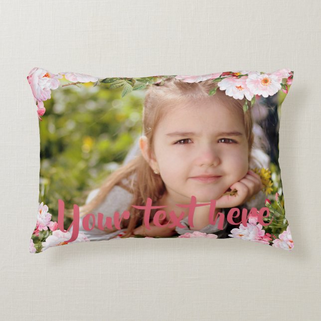Custom Photo and Text Pink Cherry Blossoms Border Accent Pillow (Front)