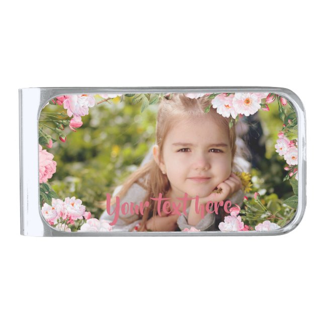 Custom Photo and Text Pink Cherry Blossoms Border Silver Finish Money Clip (Front)