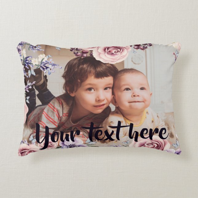Custom Photo and Text Pink Roses Border Accent Pillow (Front)