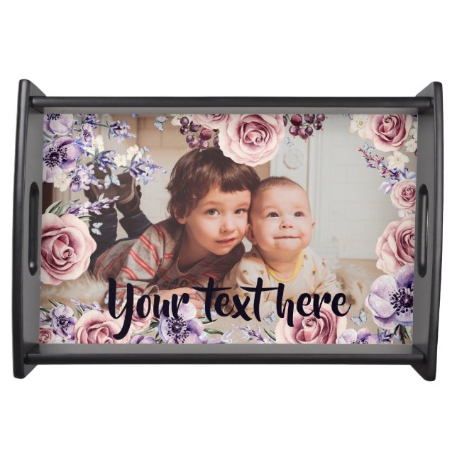 Custom Photo and Text Pink Roses Border Serving Tray (Front)