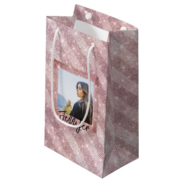 Custom Photo and Text Rose Gold Unique Birthday Sm Small Gift Bag (Front Angled)