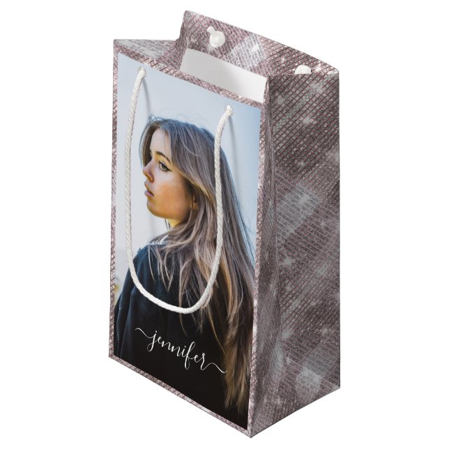 Custom Photo and Text Rose Gold Unique Birthday Small Gift Bag (Front Angled)