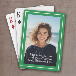 Custom Photo and Text With Green Border Poker Cards