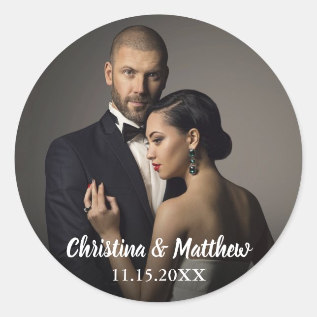 Custom Photo and Wedding Date Classic Round Sticker (Front)